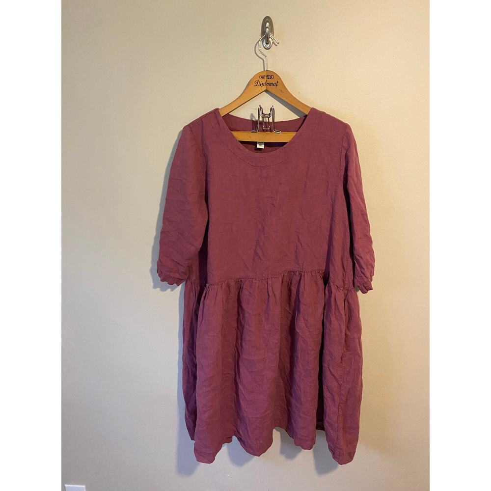 Len Ok 3XL XXXL 100% Linen Magenta Tunic Dress Half Sleeve Pockets Lagenlook